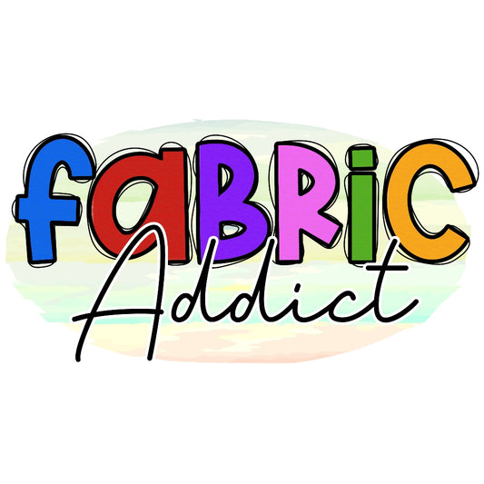 Fabric Addict Fabric Panel logo with colorful, bold letters on a soft, pastel brushstroke background.