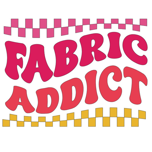 Fabric Addict Retro Fabric Panel with bold pink and orange lettering and checkered border, printed on premium quilting cotton.