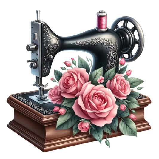 Floral Cute Sewing Machine Fabric Panel 1 featuring a vintage sewing machine with detailed pink roses and green leaves on a wooden base.