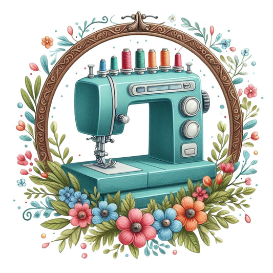 Floral Cute Sewing Machine Fabric Panel 10 featuring a vintage teal sewing machine surrounded by colorful flowers and greenery.