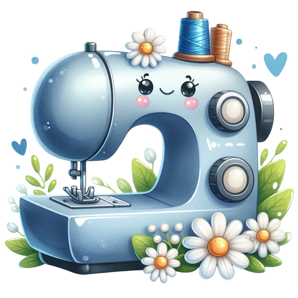 Floral Cute Sewing Machine Fabric Panel 11 featuring a charming blue sewing machine with daisies and green leaves in a whimsical design.