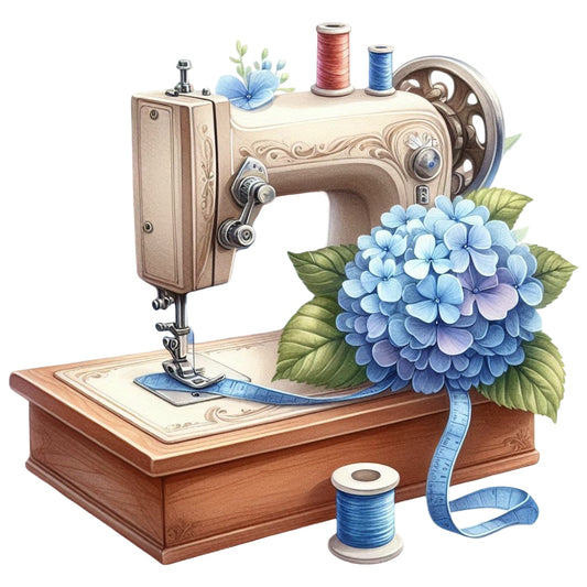 Floral Cute Sewing Machine Fabric Panel 12 with vintage sewing machine, blue hydrangea flowers, and sewing accessories.