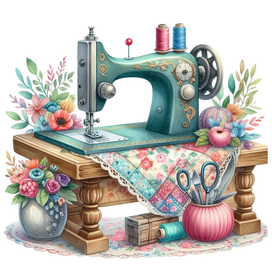 Floral Cute Sewing Machine Fabric Panel 13 featuring vintage sewing machine surrounded by colorful flowers and sewing tools on wooden table