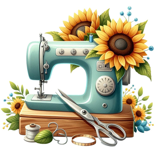 Floral Cute Sewing Machine Fabric Panel 14 features a vintage sewing machine with sunflowers, scissors, and sewing notions on wood.