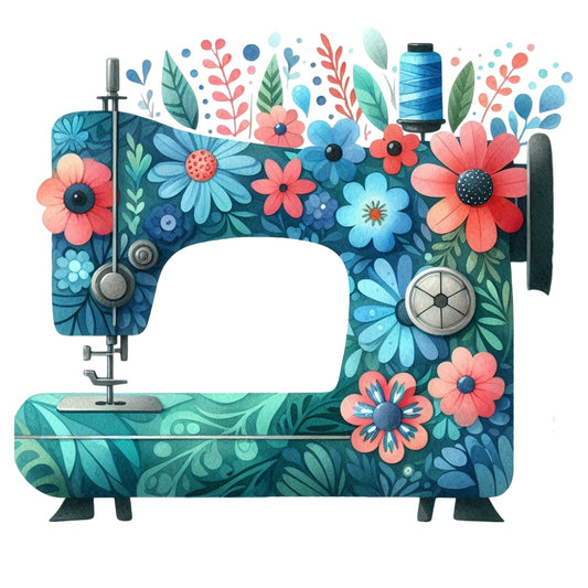 Floral Cute Sewing Machine Fabric Panel 15 featuring colorful flowers and leaves on a vintage sewing machine design.