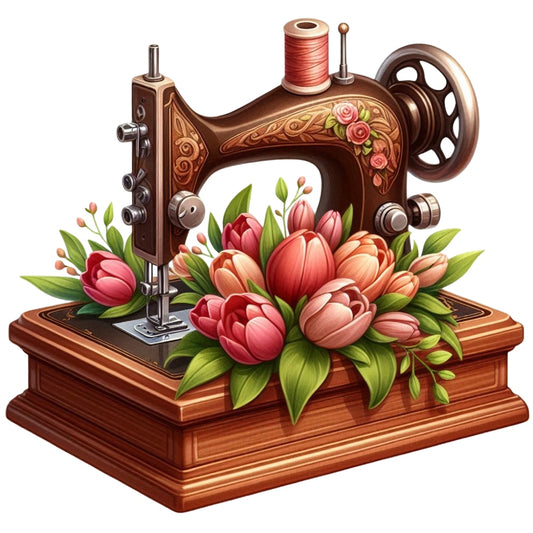 Floral Cute Sewing Machine Fabric Panel 16 featuring vintage sewing machine with detailed floral designs and vibrant tulips on wooden base.