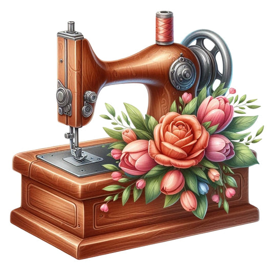 Floral Cute Sewing Machine Fabric Panel 17 featuring a vintage wooden sewing machine with vibrant pink and orange flowers.