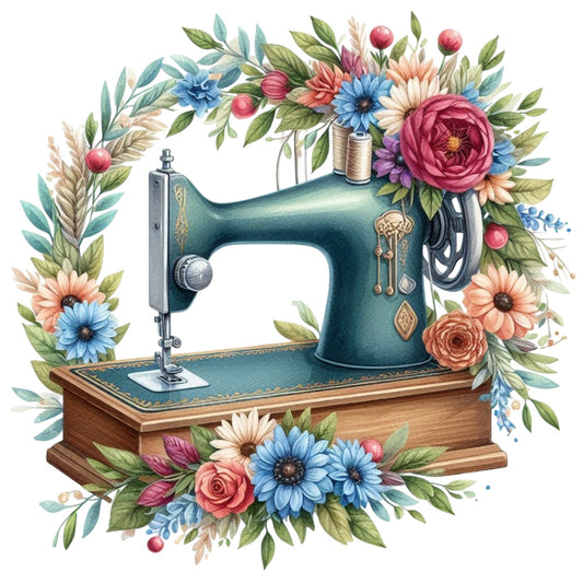 Floral Cute Sewing Machine Fabric Panel 18 featuring vintage sewing machine surrounded by colorful flowers and greenery design.