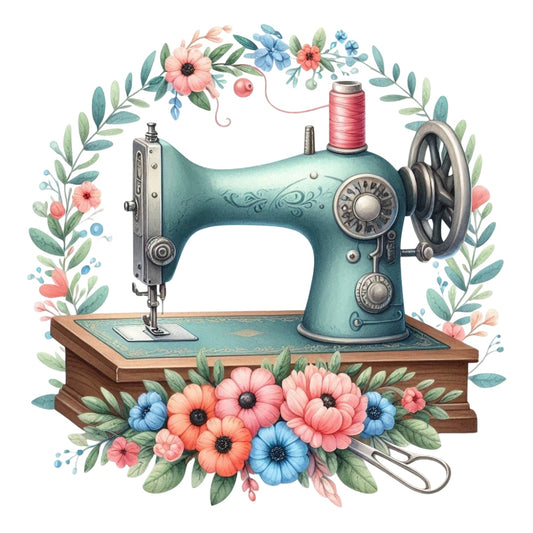 Floral Cute Sewing Machine Fabric Panel 19 with vintage teal sewing machine surrounded by colorful pink and blue flowers and green leaves
