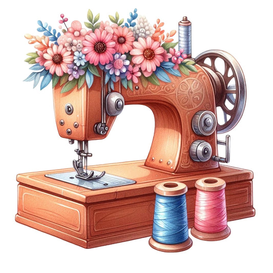 Floral Cute Sewing Machine Fabric Panel 20 featuring vintage sewing machine with bright flowers and spools of thread on premium quilting cotton.