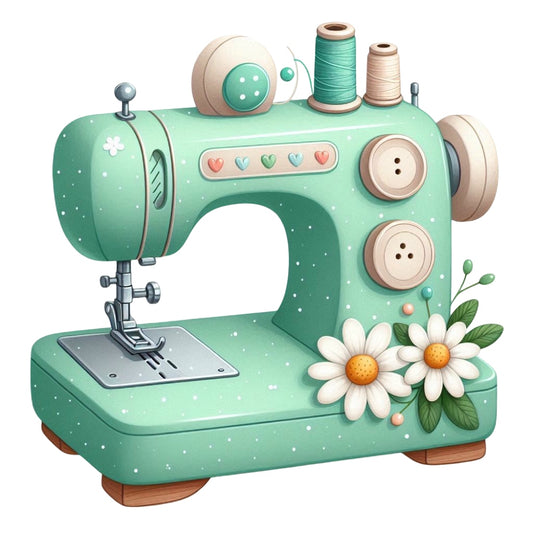 Floral Cute Sewing Machine Fabric Panel 21 featuring a mint green vintage sewing machine with flowers and sewing threads design.