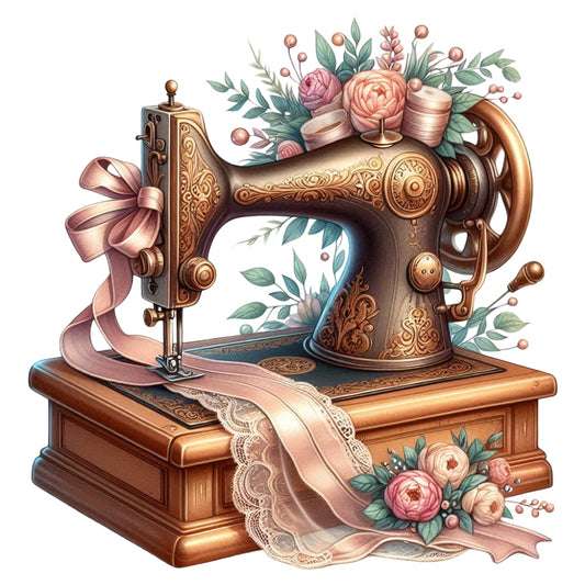 Floral Cute Sewing Machine Fabric Panel 22 featuring vintage sewing machine with pink flowers and lace ribbon on wooden base.