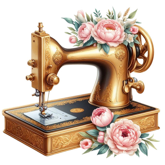 Floral Cute Sewing Machine Fabric Panel 23 featuring a vintage gold sewing machine adorned with pink peonies and green leaves.