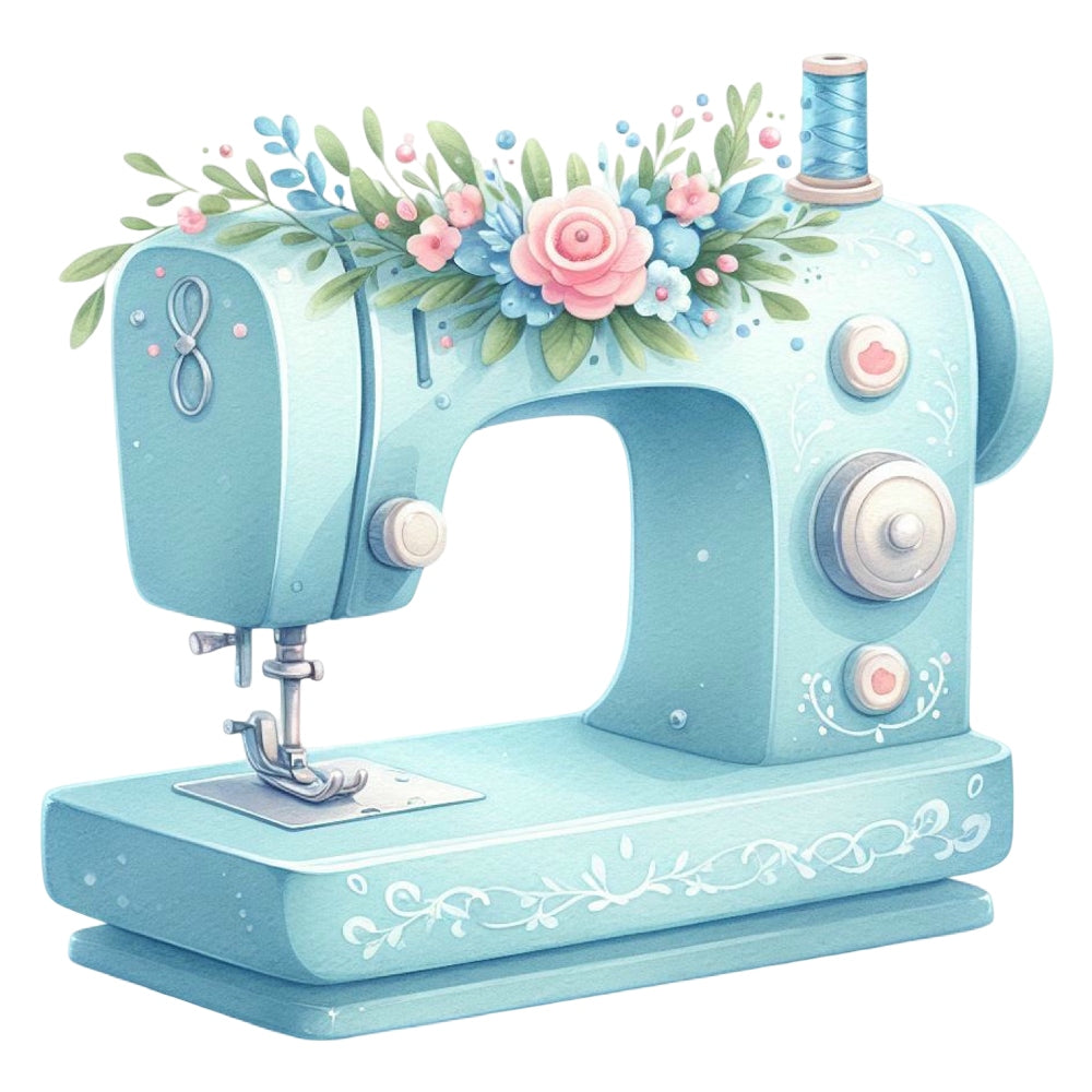 Floral Cute Sewing Machine Fabric Panel 24 featuring a pastel blue vintage sewing machine adorned with pink and blue flowers.