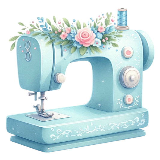 Floral Cute Sewing Machine Fabric Panel 24 featuring a pastel blue vintage sewing machine adorned with pink and blue flowers.