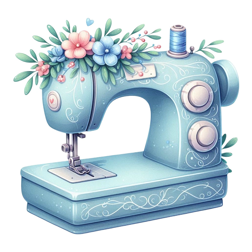 Floral Cute Sewing Machine Fabric Panel 25 features a vintage blue sewing machine adorned with pastel flowers and delicate leaf patterns.