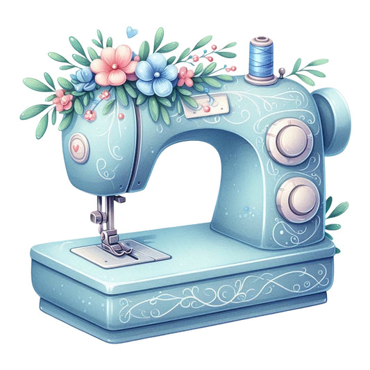 Floral Cute Sewing Machine Fabric Panel 25 features a vintage blue sewing machine adorned with pastel flowers and delicate leaf patterns.