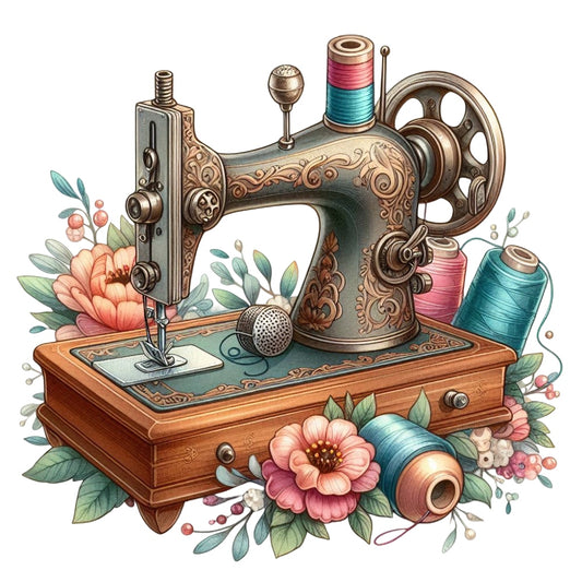 Floral Cute Sewing Machine Fabric Panel 3 with vintage sewing machine, colorful spools, and detailed floral accents on wooden base.