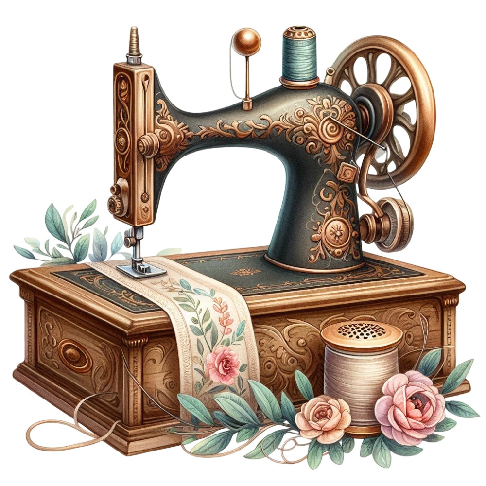 Floral Cute Sewing Machine Fabric Panel 4 featuring a vintage sewing machine with floral fabric and decorative roses on wood base.