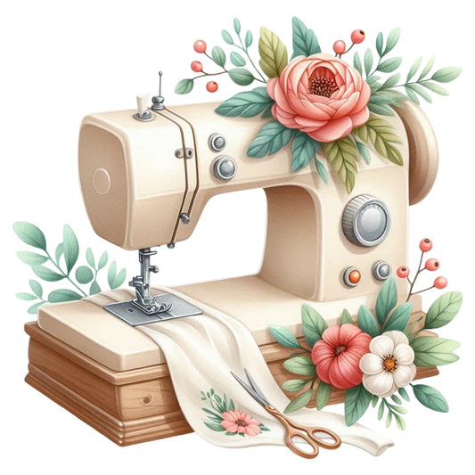 Floral Cute Sewing Machine Fabric Panel 6 featuring vintage sewing machine with pink and white flowers on premium quilting cotton.