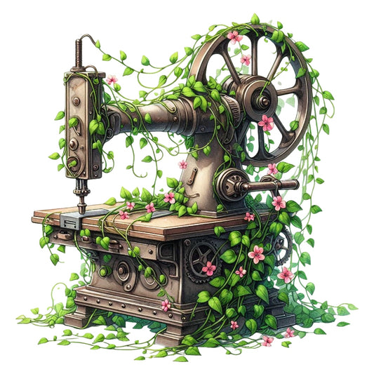 Floral Cute Sewing Machine Fabric Panel 8 featuring vintage sewing machine entwined with green vines and pink flowers.