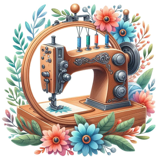 Floral Cute Sewing Machine Fabric Panel 9 featuring a vintage sewing machine surrounded by colorful flowers and greenery design.