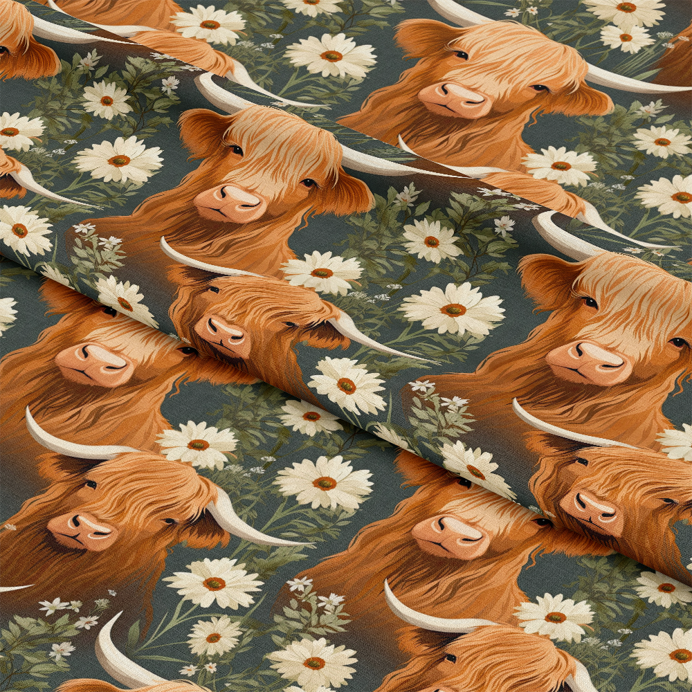 Floral Highland Cows Pattern 10 Quilting Cotton Fabric