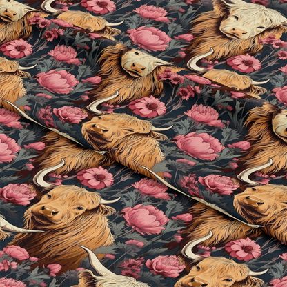 Floral Highland Cows Pattern 12 Quilting Cotton Fabric