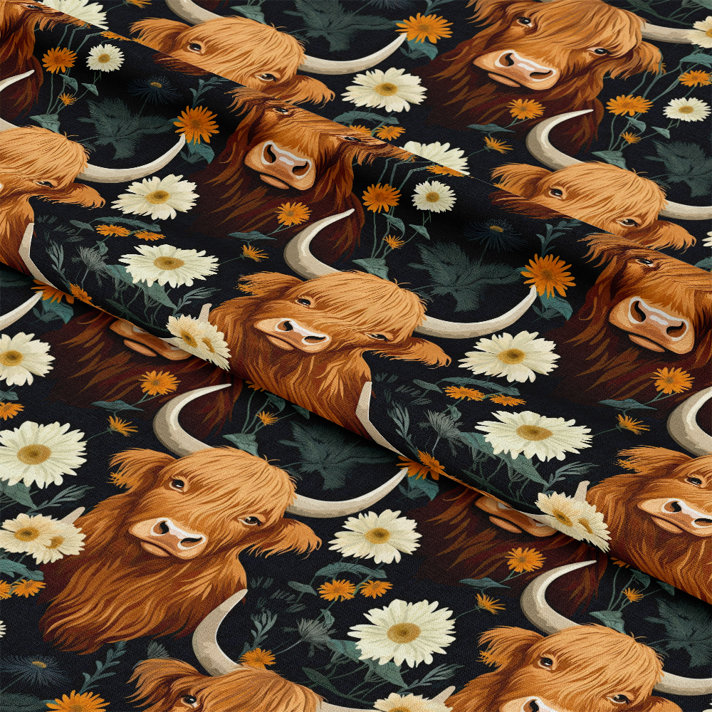 Floral Highland Cows Pattern 1 Quilting Cotton Fabric