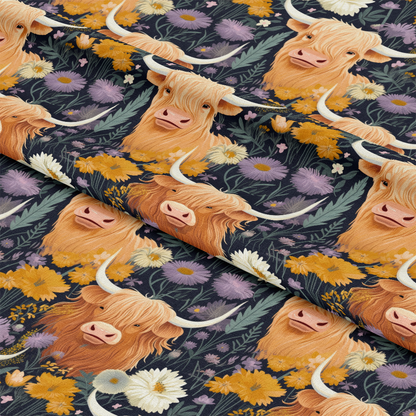 Floral Highland Cows Pattern 4 Quilting Cotton Fabric