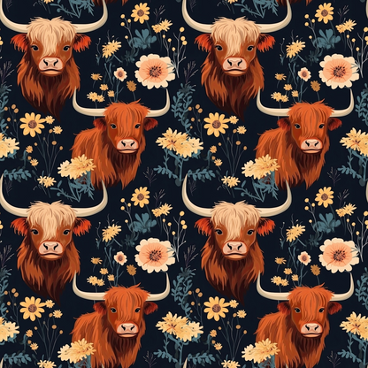 Floral Highland Cows Pattern 5 Quilting Cotton Fabric
