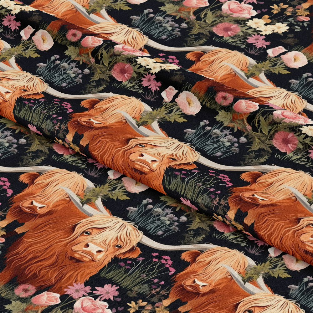 Floral Highland Cows Pattern 6 Quilting Cotton Fabric