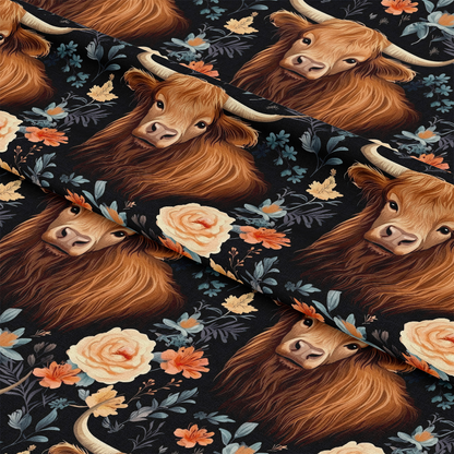 Floral Highland Cows Pattern 7 Quilting Cotton Fabric