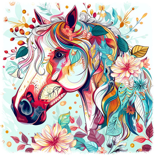 Floral Horse Fabric Panel showcasing colorful horse head with vibrant flowers and leaves on premium quilting cotton print