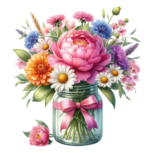 Flowers in a Jar Fabric Panel 1 depicting a vibrant bouquet of mixed flowers in a glass jar with a pink ribbon, printed on premium quilting cotton.