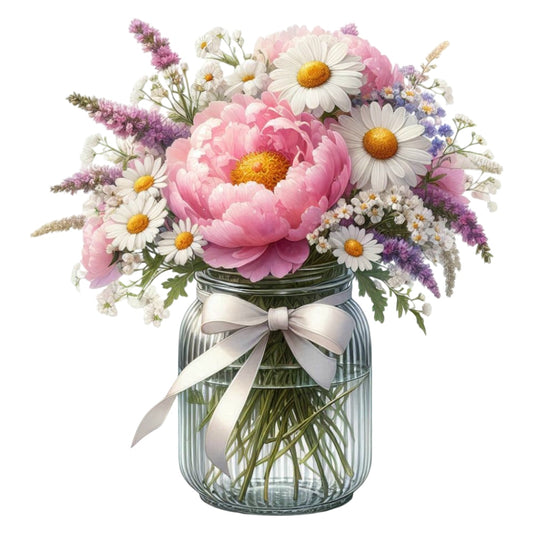 Flowers in a Jar Fabric Panel 10 shows a delicate bouquet of pink peonies and white daisies arranged in a clear glass jar with ribbon.