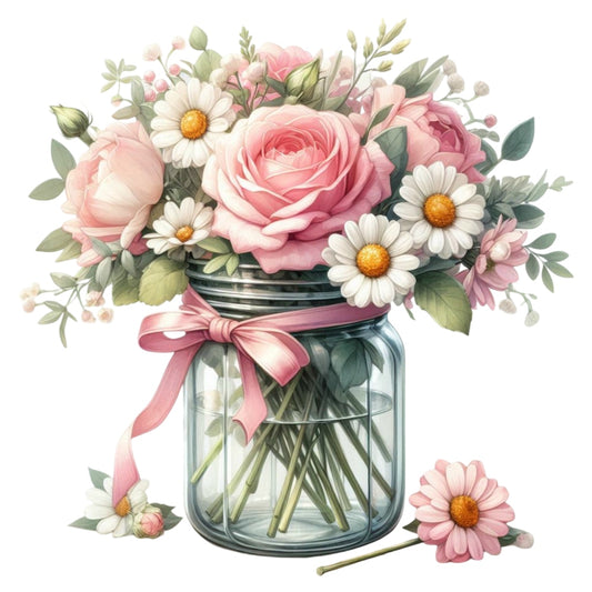 Flowers in a Jar Fabric Panel 11 showing a glass jar with pink roses and white daisies tied with a pink ribbon bouquet design.