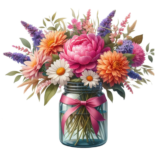 Flowers in a Jar Fabric Panel 12 features a vibrant floral bouquet in a glass jar with a pink ribbon on premium quilting cotton.