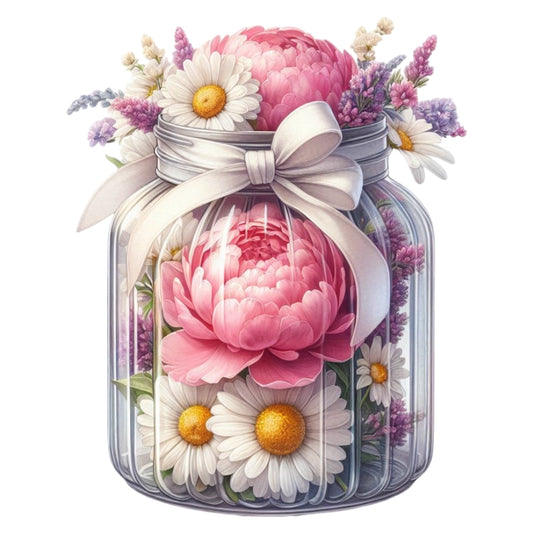 Flowers in a Jar Fabric Panel 16 featuring detailed pink peonies and white daisies in a glass jar with a ribbon bow design.