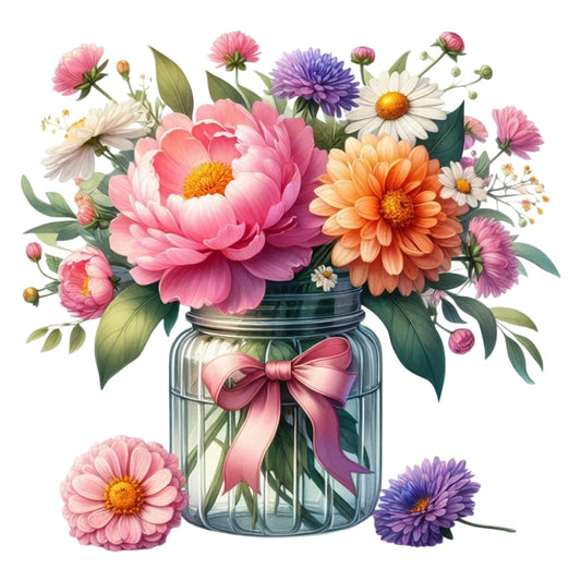 Flowers in a Jar Fabric Panel 17 showing a detailed bouquet of pink, orange, purple, and white flowers in a glass jar with a pink ribbon.