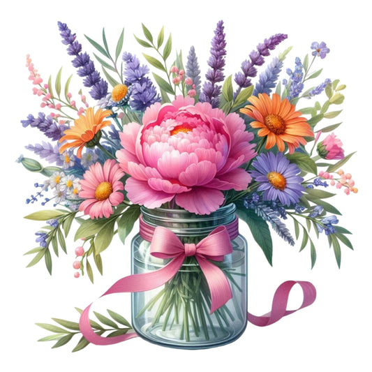 Flowers in a Jar Fabric Panel 19 with vibrant mixed flowers in a glass jar tied with pink ribbon, printed on premium quilting cotton.