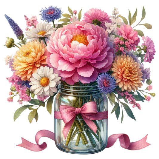 Flowers in a Jar Fabric Panel 2 features a vibrant bouquet of various colorful flowers in a glass jar with a pink ribbon.