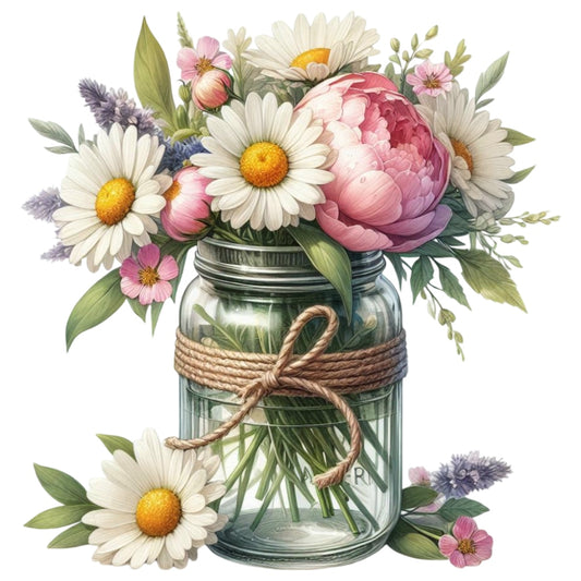 Flowers in a Jar Fabric Panel 20 with detailed daisies and peonies in a glass jar tied with rustic twine, printed on premium cotton.