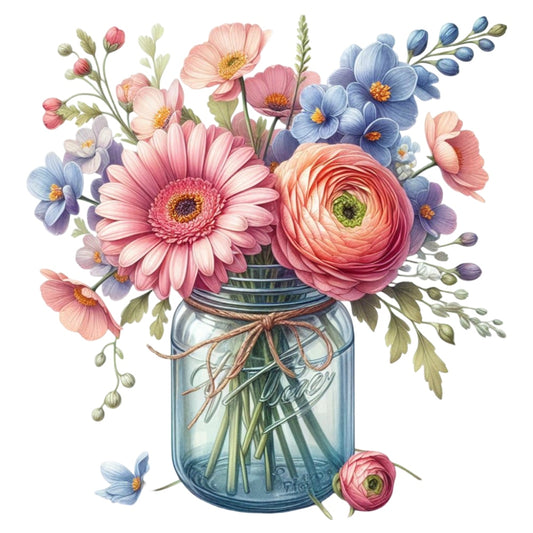 Flowers in a Jar Fabric Panel 23 featuring a vibrant bouquet of pink, blue, and peach flowers in a clear glass jar on white background.