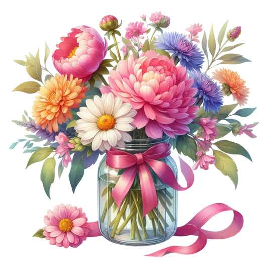 Flowers in a Jar Fabric Panel 3 features a vibrant bouquet of assorted flowers in a glass jar with a pink ribbon.