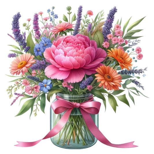 Flowers in a Jar Fabric Panel 4 featuring a vibrant bouquet of pink, orange, purple, and blue flowers in a glass jar with a pink ribbon.