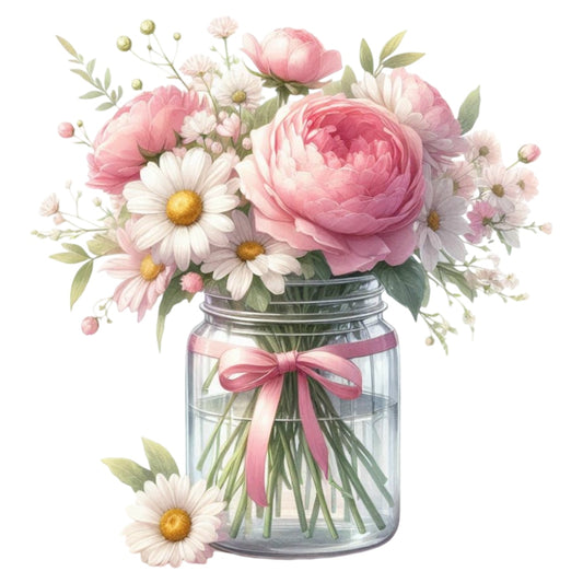 Flowers in a Jar Fabric Panel 5 showing a bouquet of pink peonies and white daisies in a glass jar with a pink ribbon.
