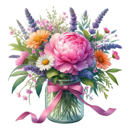 Flowers in a Jar Fabric Panel 6 showing a detailed bouquet of pink peony, daisies, lavender, and assorted wildflowers in a glass jar with a pink ribbon.