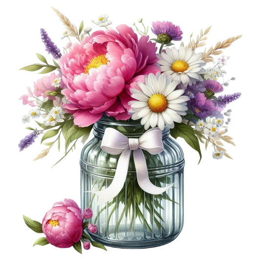Flowers in a Jar Fabric Panel 7 showing a clear jar tied with a white bow holding vibrant pink peonies and white daisies bouquet.