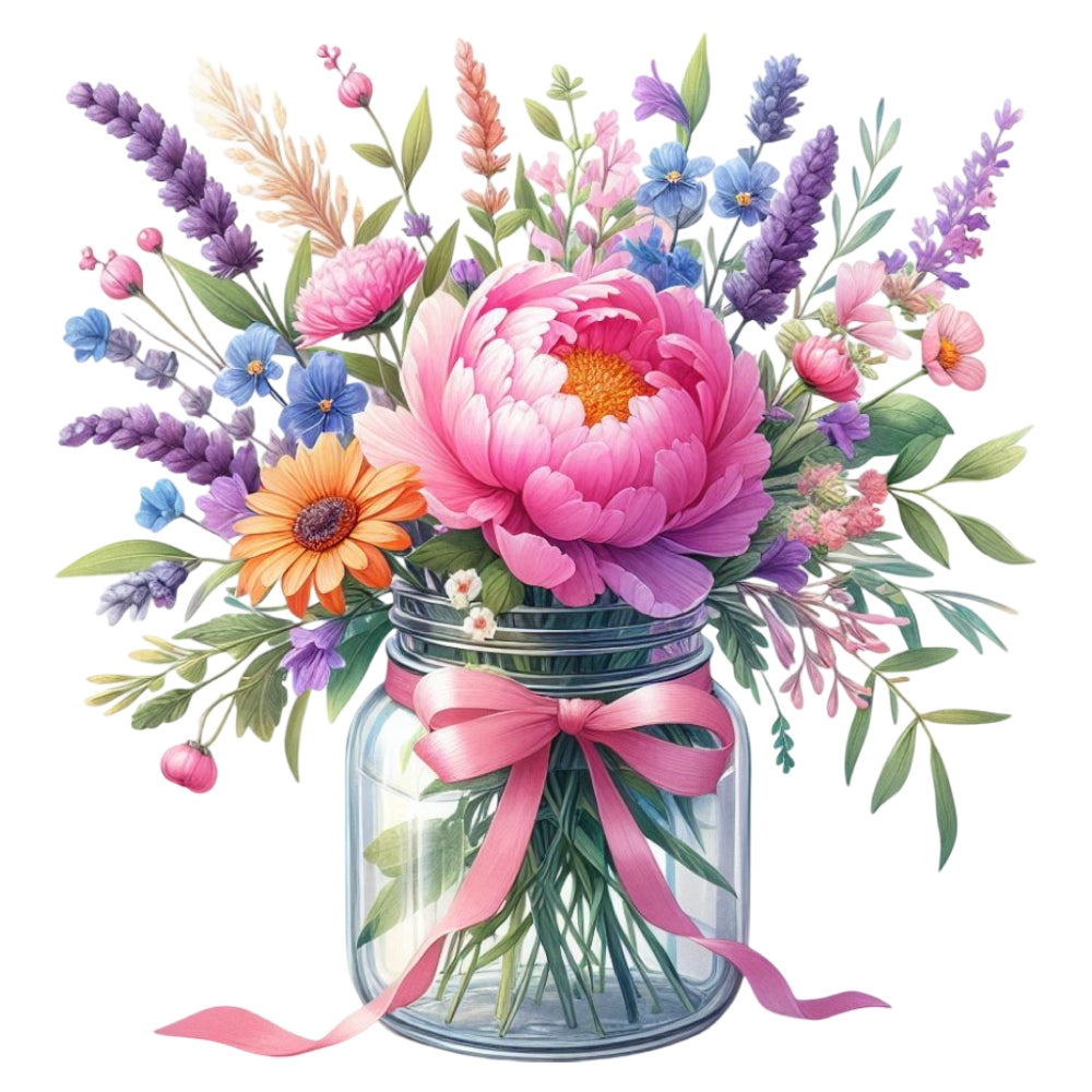 Flowers in a Jar Fabric Panel 8 featuring a vibrant bouquet of mixed flowers in a glass jar with a pink ribbon detail.